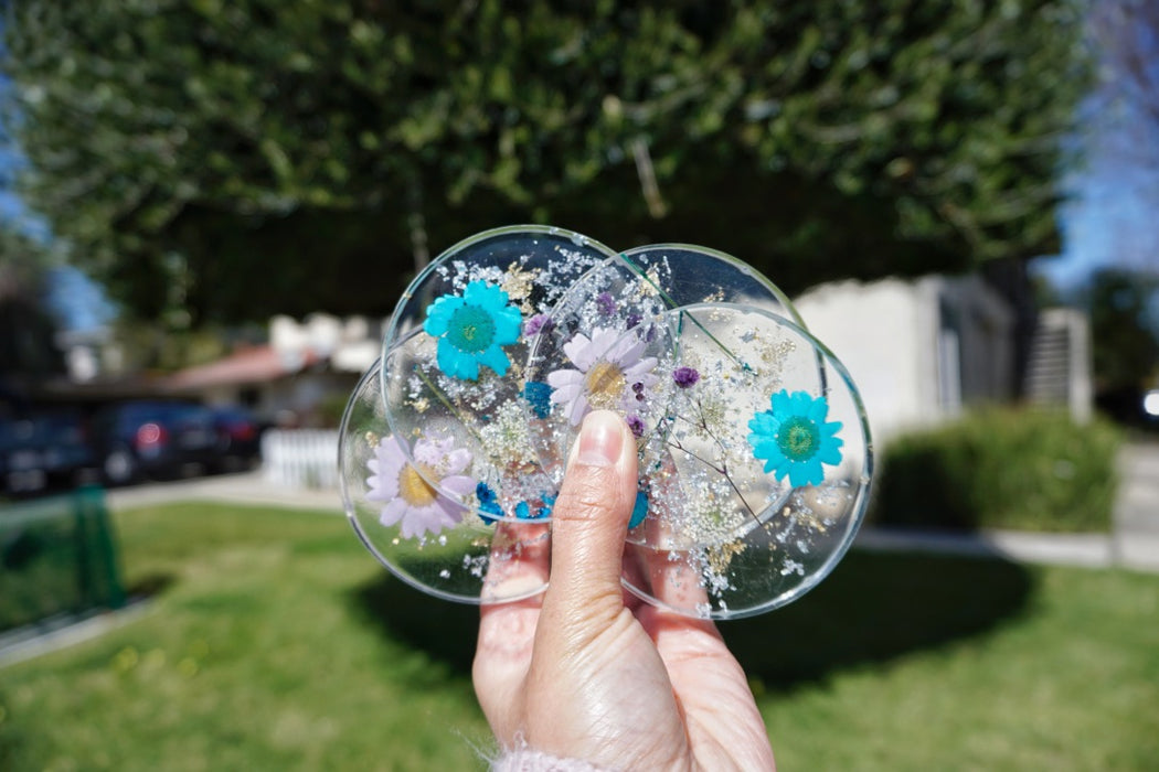 Pressed-Flowers (Blue/Purple) Resin Coasters Set of 4 with Holder