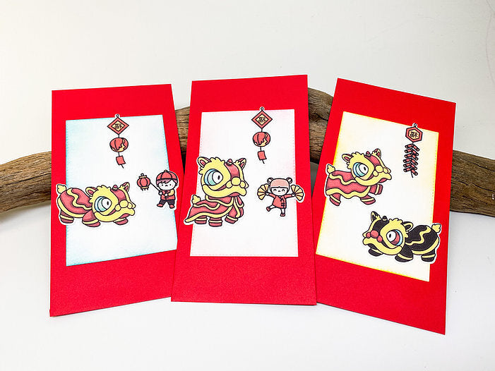 Set of Three (3) Red Envelopes with Lion Dancers - Lunar New Year