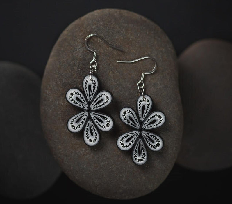 Sudha (Pristine) - Black and White Paper Quilling Earrings - One Year Anniversary Gift -Paper Jewelry