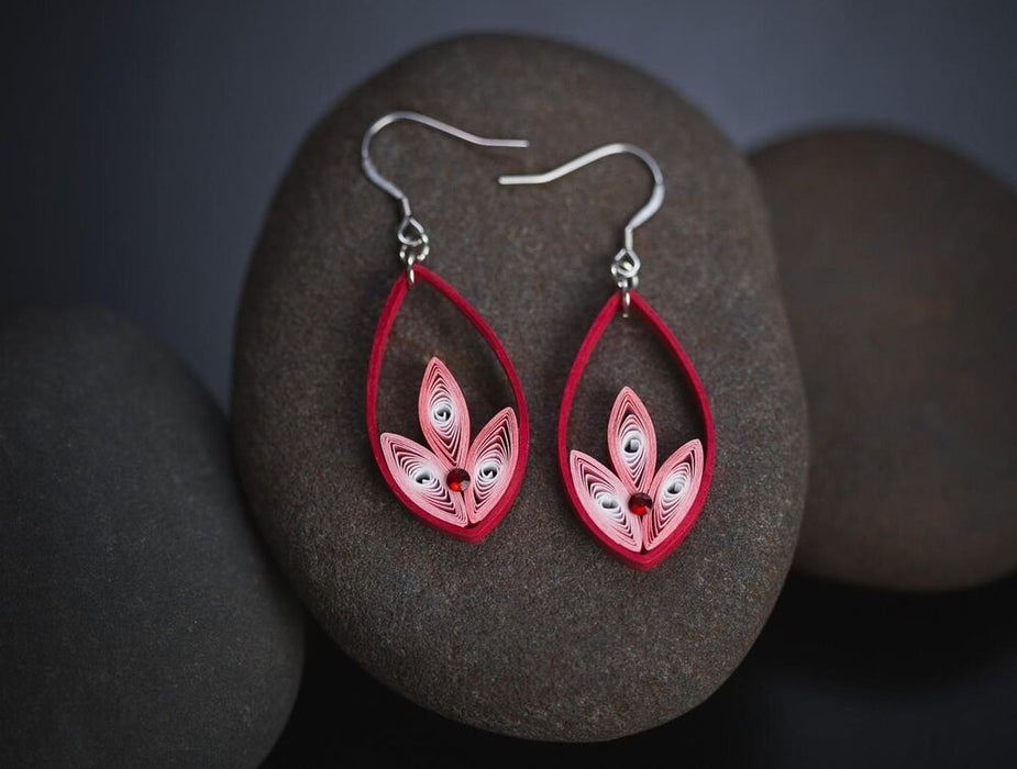 Lohitha - Red Long Paper Quilling Earrings - Paper Quilled Jewelry - 1st Anniversary Gift For Her