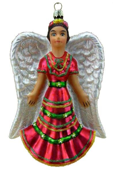 Angelita Rosa (Angel w/Hot Pink Dress) Folklorico Fine Hand-Painted Glass Ornament by CasaQ