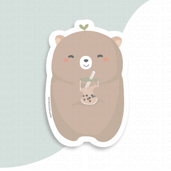 Boba Loving Bear Sticker | Naptime Doodler