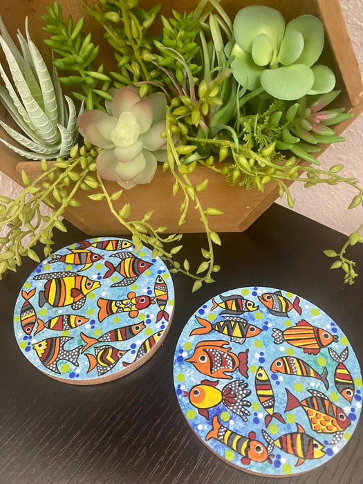 Set of 2 Round Colored Fish Coasters