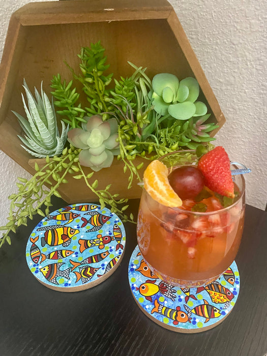 Set of 2 Round Colored Fish Coasters