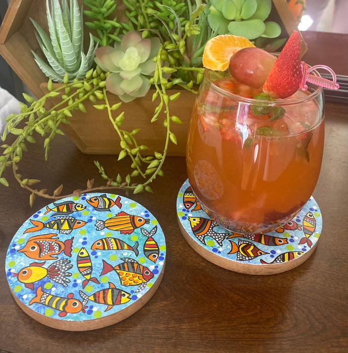 Set of 2 Round Colored Fish Coasters