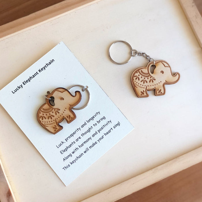 Good Luck Charm Card: Birch Wood Elephant Keychain