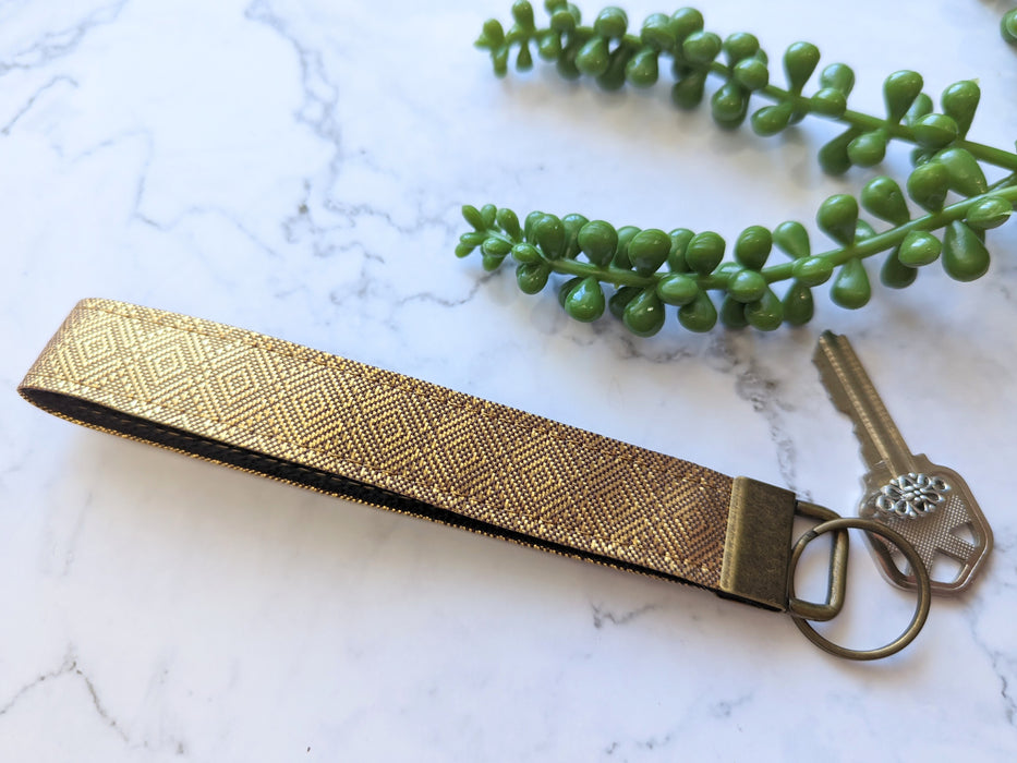 Gold Square Pattern,0.8" Slim Wristet, Key Fob made out of Japanese Silk Obi Fabric,Keychain Wristlet, Silk Kimono Key Fob, Lanyards for Key Strap Keychain, Wrist Lanyard, New Car Gift