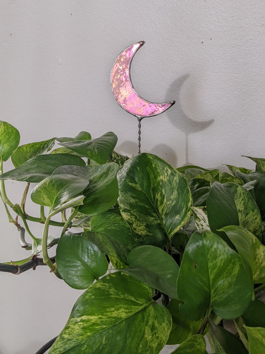 Pink Crescent Moon Stained Glass Plant Stake