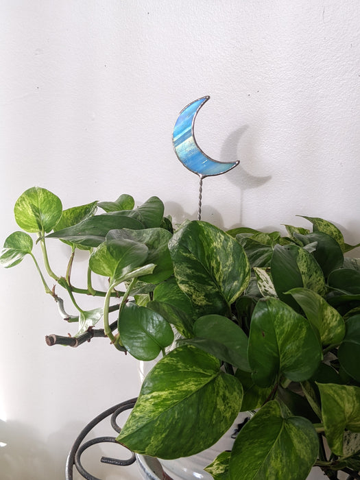 Sky Blue Crescent Moon Stained Glass Plant Stake