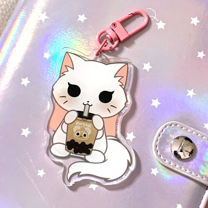 Pandy and Friends Boba White Cat Mochi Acrylic Keychain