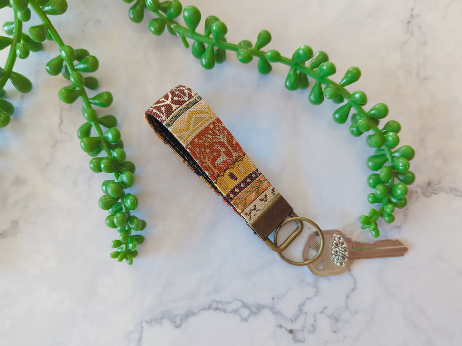 Deer and Tree, 0.8" Slim Finger Loop, Key Fob made out of Japanese Silk Obi Fabric,Keychain Wristlet, Silk Kimono Key Fob, Lanyards for Key Strap Keychain, Wrist Lanyard, New Car Gift