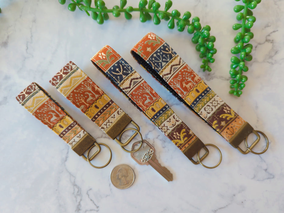 Deer and Tree, 0.8" Slim Finger Loop, Key Fob made out of Japanese Silk Obi Fabric,Keychain Wristlet, Silk Kimono Key Fob, Lanyards for Key Strap Keychain, Wrist Lanyard, New Car Gift