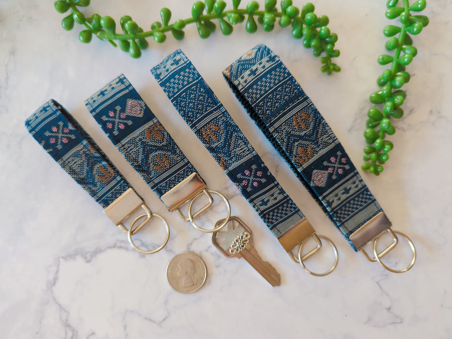 Indigo Geometric Pattern, 1" Wide Wristlet, Key Fob made out of Japanese Silk Obi Fabric,Keychain Wristlet, Silk Kimono Key Fob, Lanyards for Key Strap Keychain, Wrist Lanyard, New Car Gift