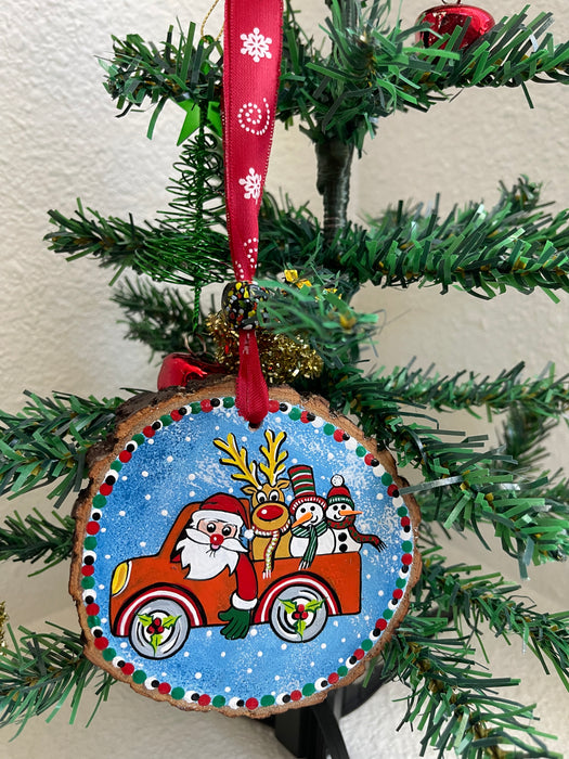 Santa with a Reindeer and 2 Snowmen Christmas Ornament