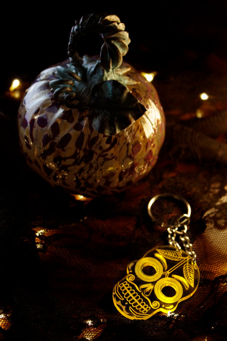 Acrylic Día de los Muertos Themed Yellow Sugar Skull Keychain