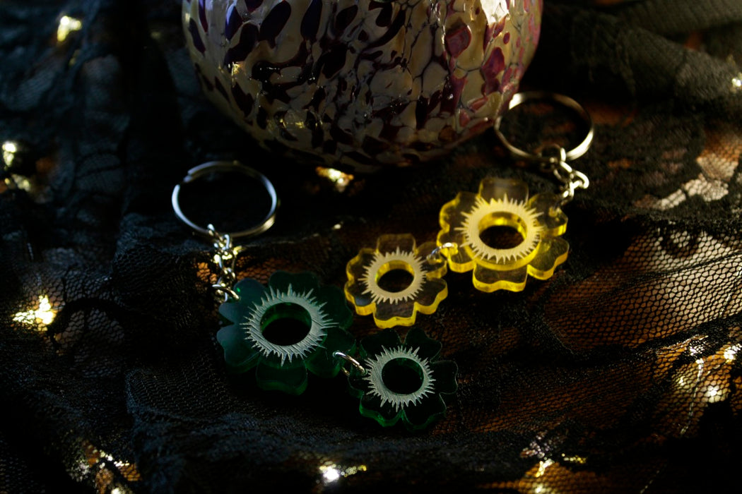 Acrylic Día de los Muertos Themed Keychain (Forest Green 2-Flower)