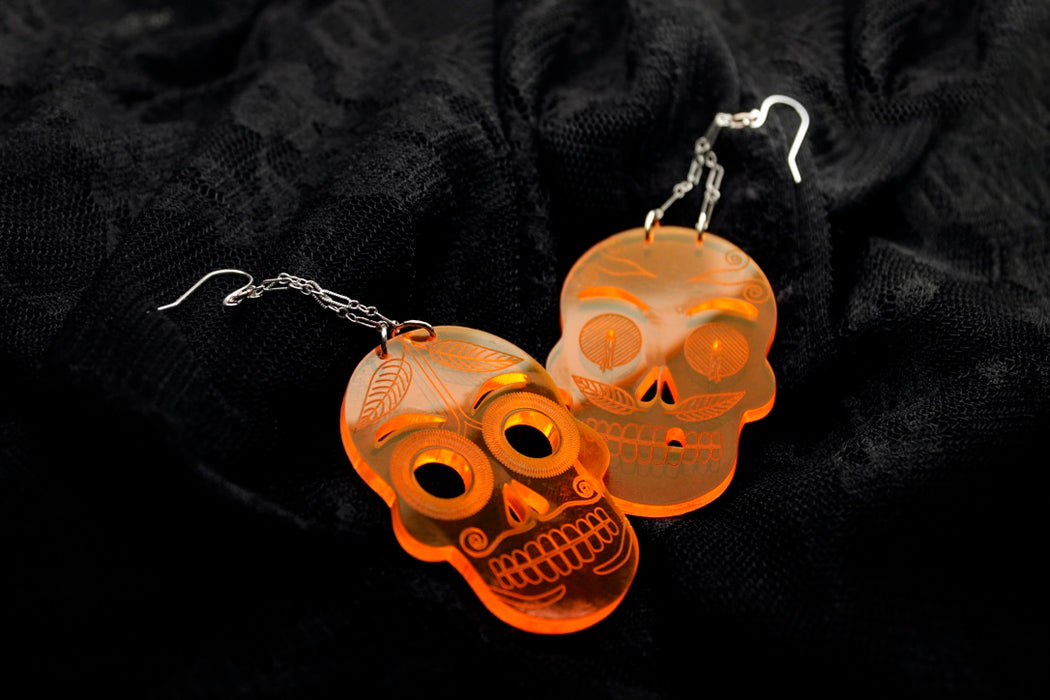 Acrylic Día de los Muertos Themed Earrings (Orange Sugar Skulls)