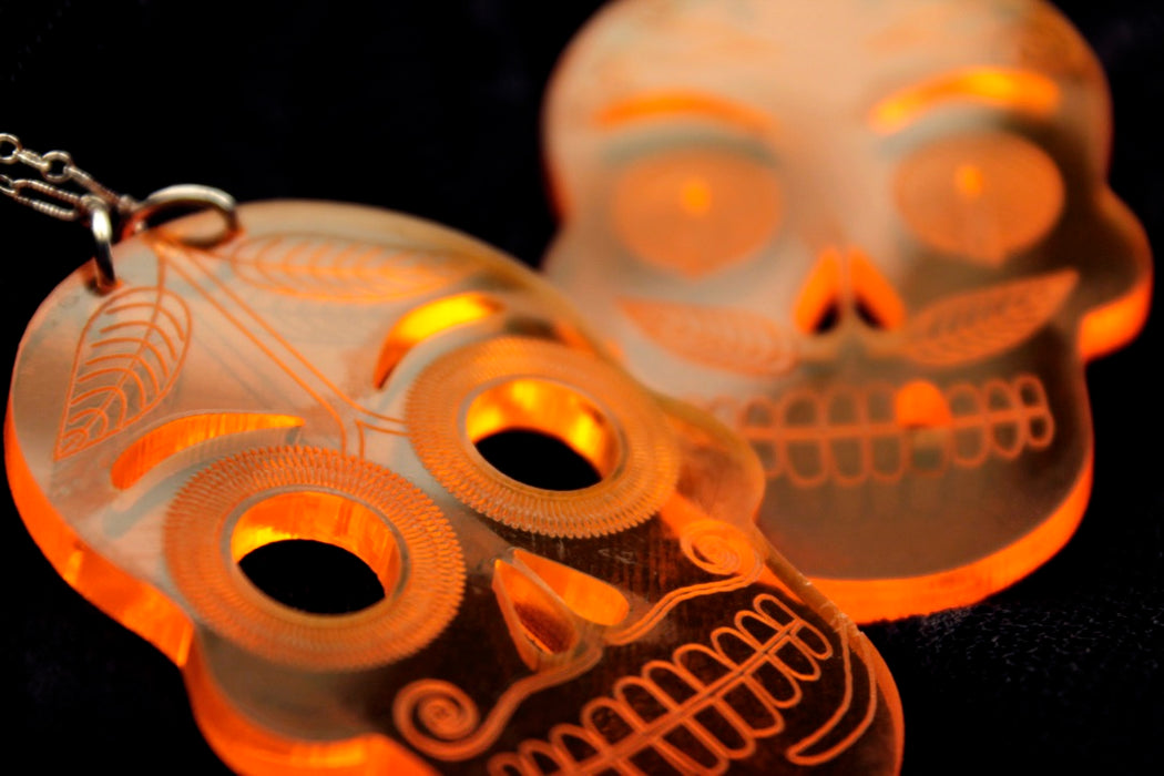 Acrylic Día de los Muertos Themed Earrings (Orange Sugar Skulls)