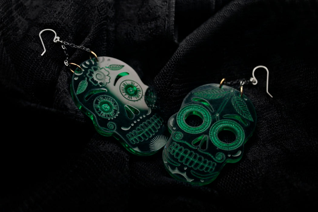 Acrylic Día de los Muertos Themed Earrings (Green Sugar Skulls)