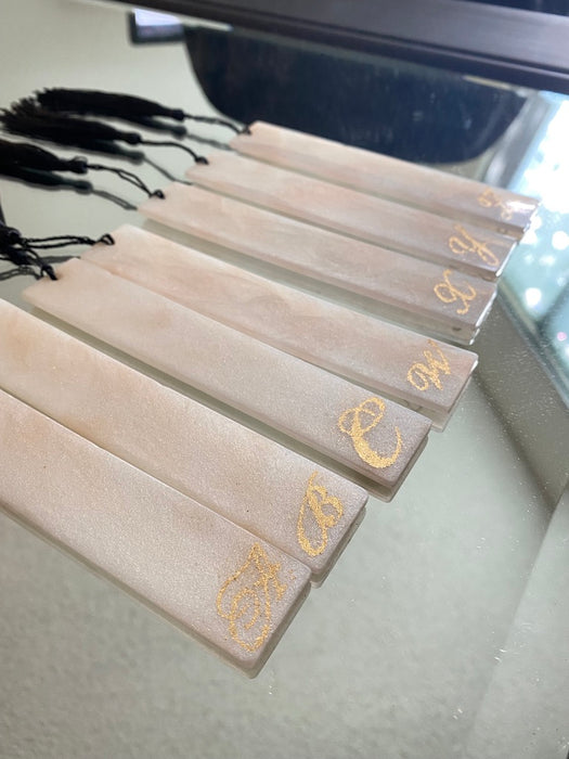Monogram Marbled Resin Bookmarks with Tassels - White/Peach Marbling