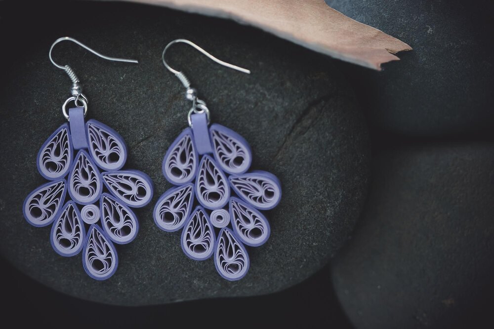 Vasantha (Spring) - Long Purple Paper Quilling Earrings - One Year Anniversary Gift - Paper Jewelry