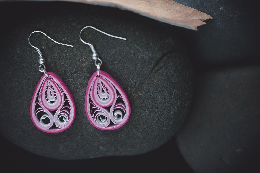 Mukula (Bud) - Pink Boho Teardrop Paper Quilling Earrings - 1st Anniversary Gift for her