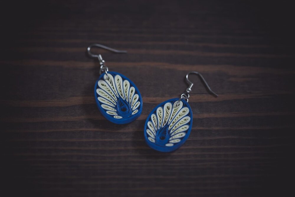 Kaladhvani (Peacock) - Peacock Blue Paper Quilling Earrings - 1st Anniversary Gift - Paper Jewelry