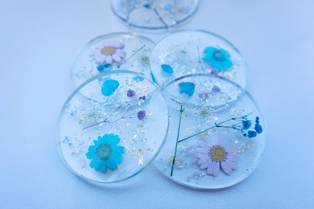 Pressed-Flowers (Blue/Purple) Resin Coasters Set of 4 with Holder