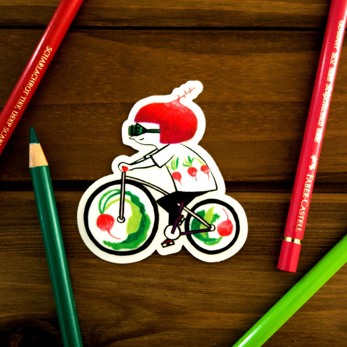Radish Rider Sticker | Bike rider sticker | Hand drawing Clear Vinyl Sticker | Vegetable Sticker| Cute Sticker | Harumo Sato | 3"3"