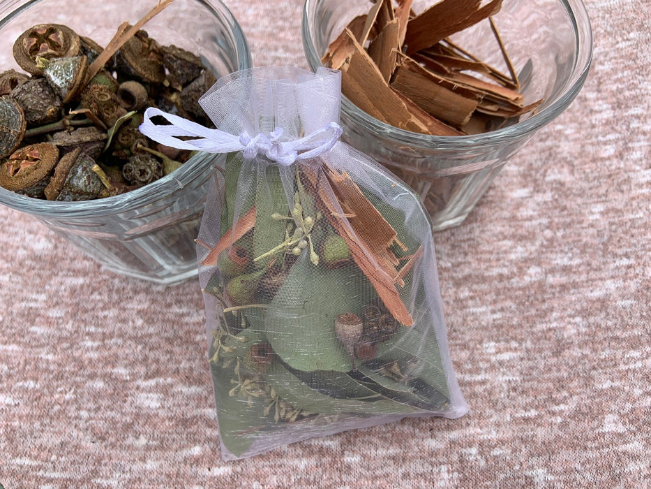 Eucalyptus aromatherapy sachet - handcrafted mix of leaves, pods, and bark in a pretty organza bag