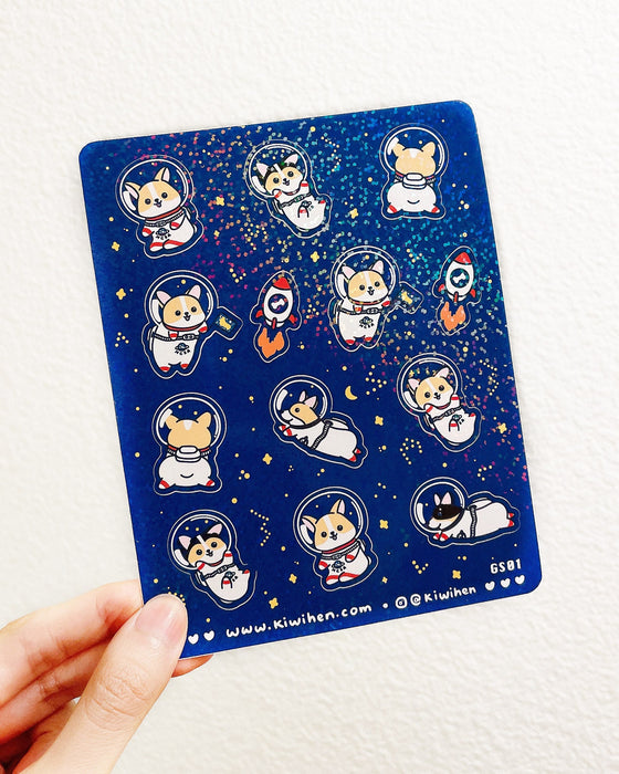 Space Corgi Glitter Sticker Sheet