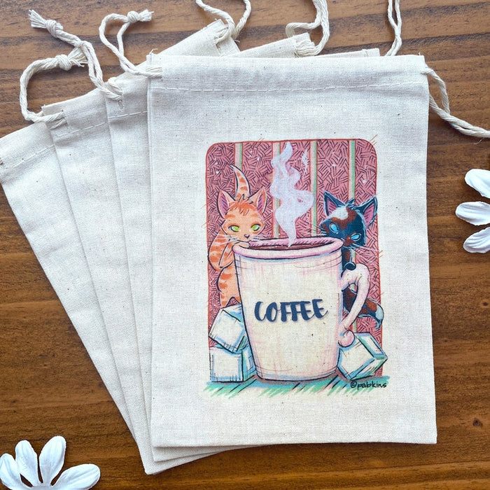 Canvas Drawstring Bags - Coffee Cats (pink)
