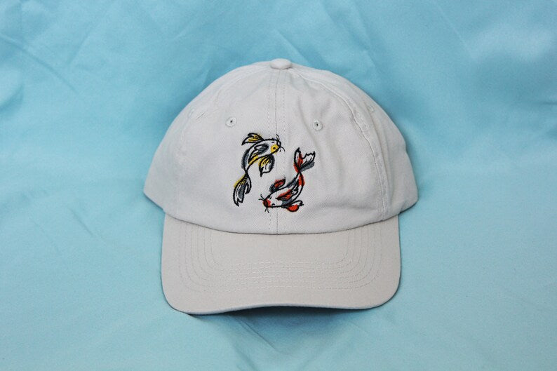 Red Orange and Gold Koi Fish Embroidered Cream Dad Hat
