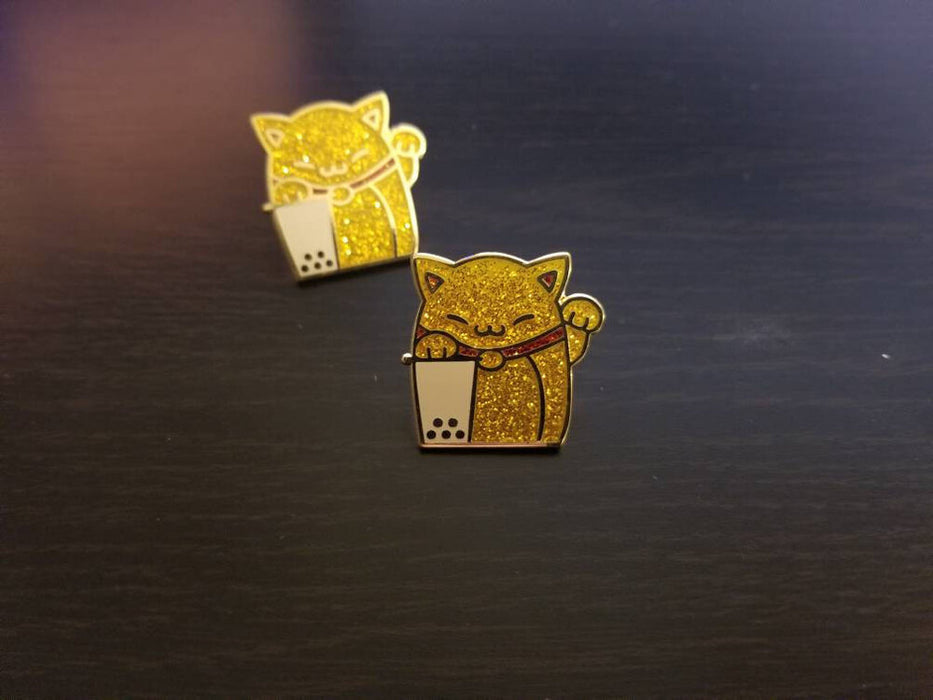 Maneki Boba Hard Enamel Pin - Neko Cat Milk tea (White, Black, and Gold)