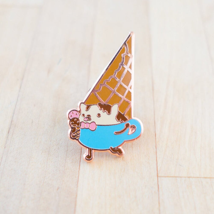Ice Cream Cone Cappuccino Cat Pin with Chocolate sauce | Cute enamel cloisonne pins | Go with Cappuccino Cat series| Harumo Sato |