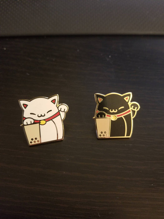Maneki Boba Hard Enamel Pin - Neko Cat Milk tea (White, Black, and Gold)