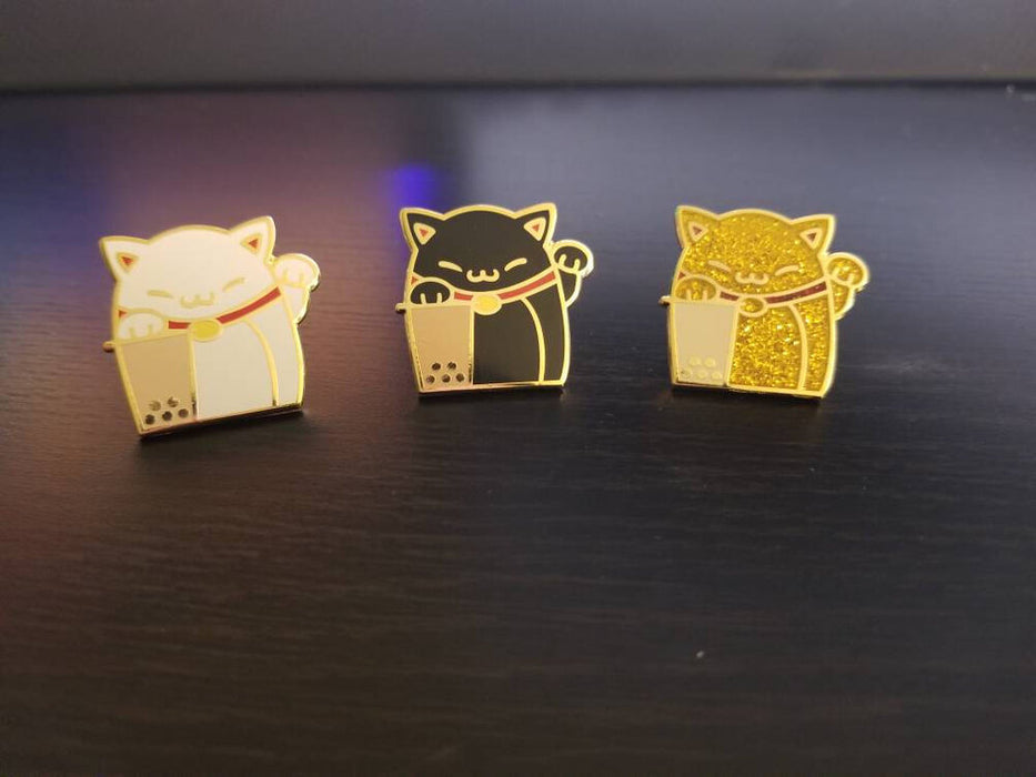 Maneki Boba Hard Enamel Pin - Neko Cat Milk tea (White, Black, and Gold)