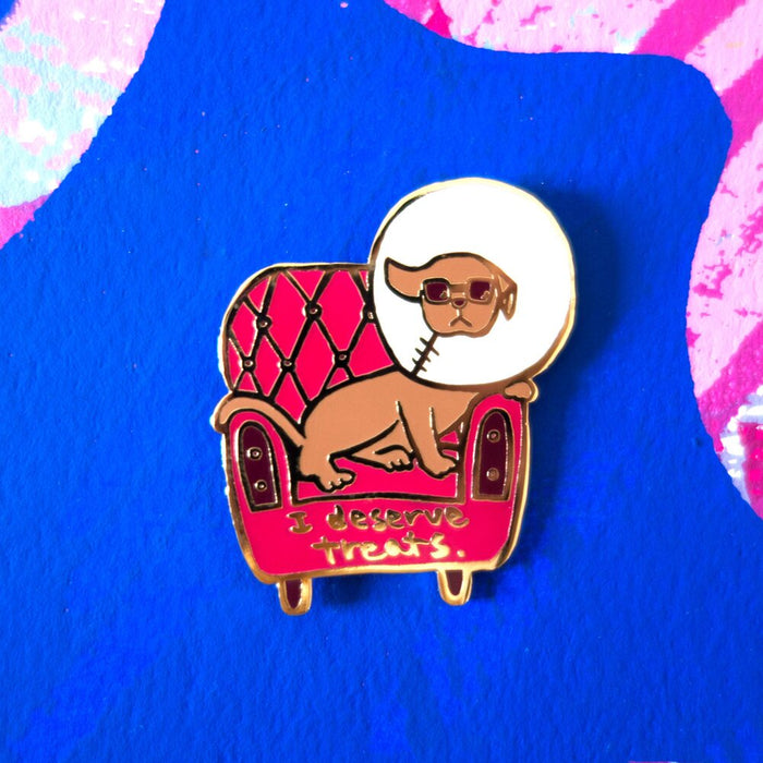 I Deserve Treats | Cute enamel cloisonne pins | Cute doggy's Pin | Dog wearing the "Cone of Shame" | Harumo Sato |