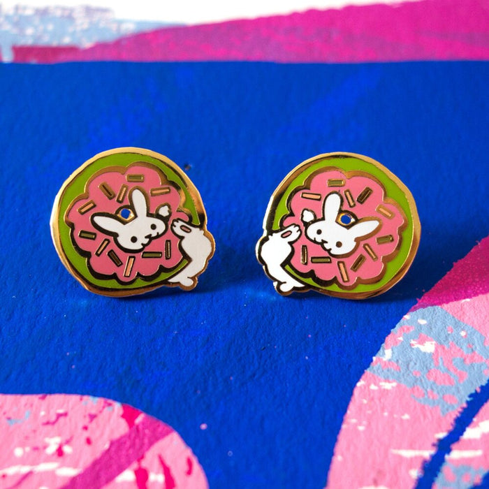 Bunnies Playing in Donut Holes Earrings | Cute Enamel Cloisonne Earrings | Why do donuts have a hole? | Harumo Sato |