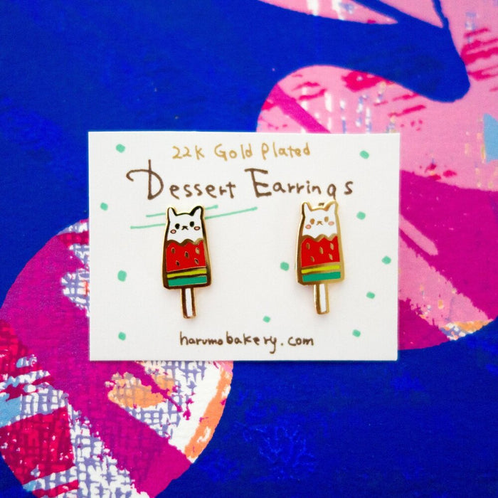 22K Gold Plated Dessert Earrings | Cute Watermelon Cat Earrings | Cloiso