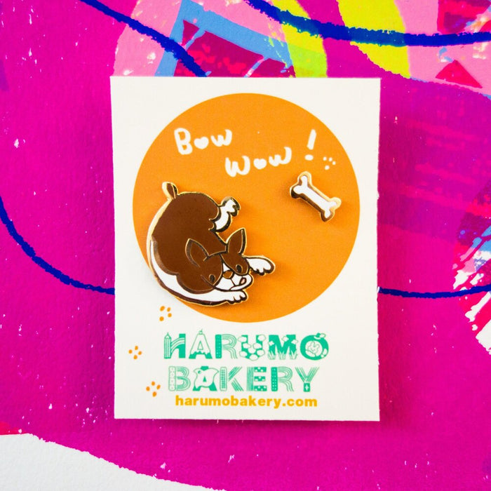Bow Wow! Frenchie Plays with his Bone Pin | Cute Enamel Cloisonne Pins |  | Harumo Sato |