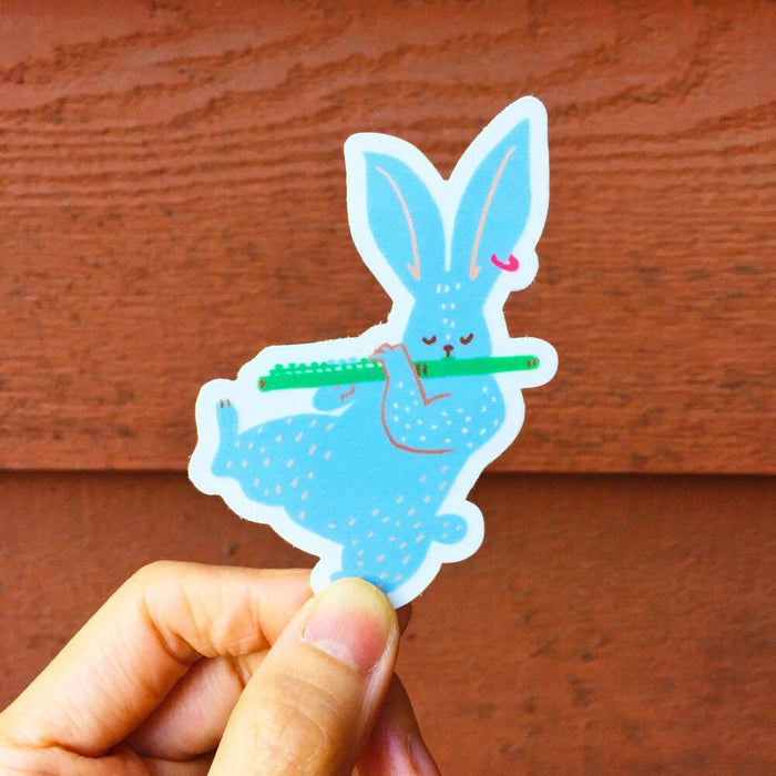 Flute Player Rabbit Sticker  |  Cute Animal Musician sticker | Clear Vinyl Sticker| 3"x3"