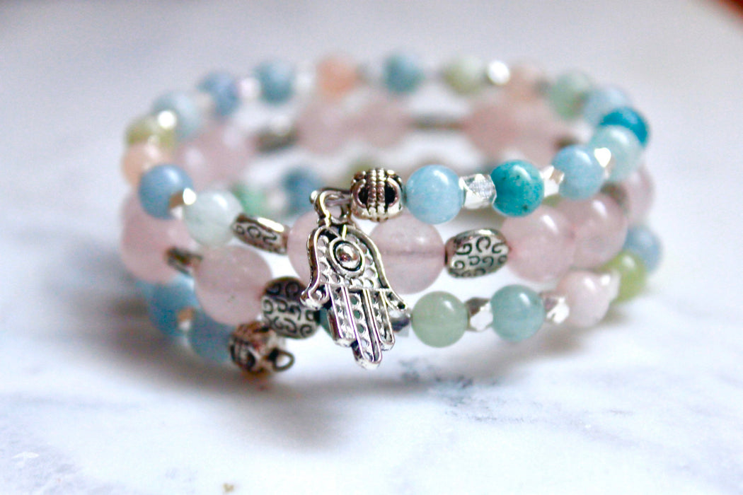 Pastel pink and blue bracelet/multiple wrap bracelet / memory wire bracelet / morganite and rose quartz bracelet / boho bracelet