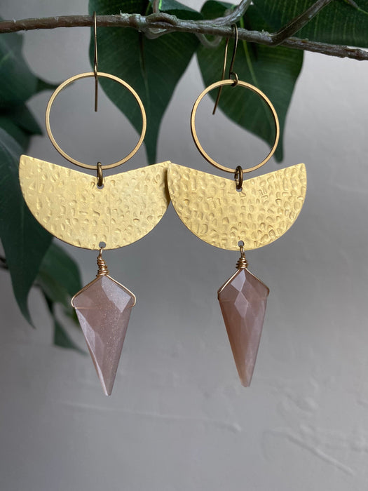 Raw brass earrings,Statement earrings, Peach moonstone earrings, geometric earrings , Modern brass earrings