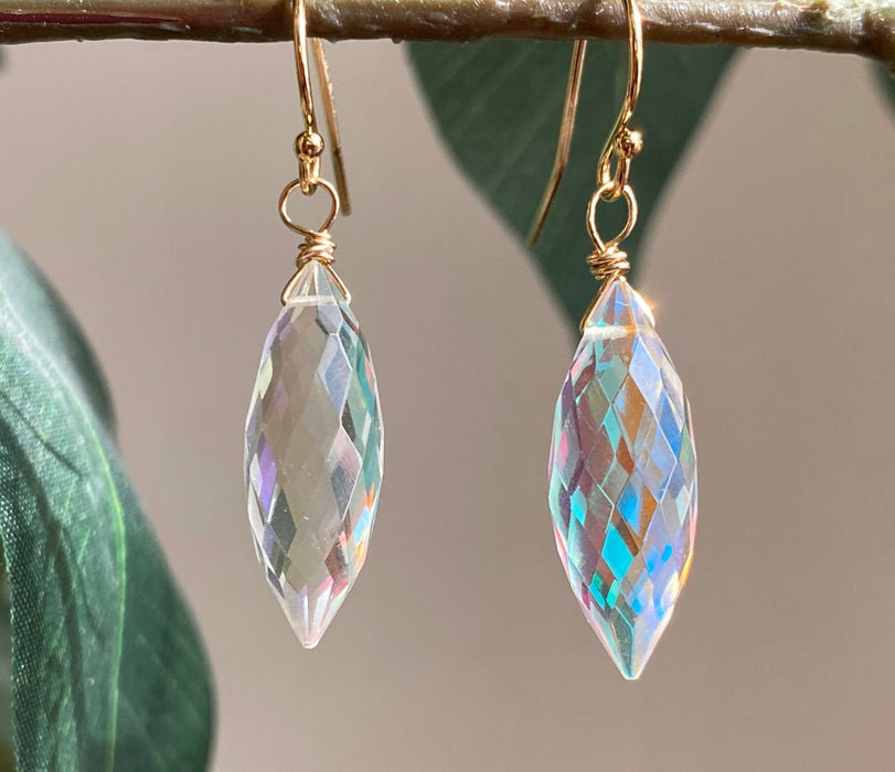 Statement earrings, Rainbow aura glow quartz earrings, 14k gold wrapped, Minimalist dangles, quartz dangles