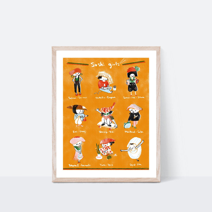 Sushi Girls Poster | Kitchen Print | Funny Food Poster | Japanese Food Poster Wall Art |  Whimsical Poster |
