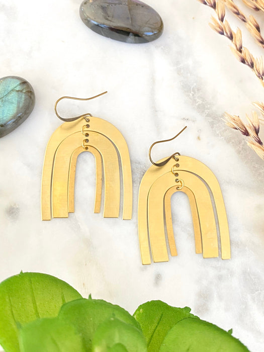 Statement earrings,brass geometric arch earrings, Modern brass earrings, raw brass earrings, gold dangles