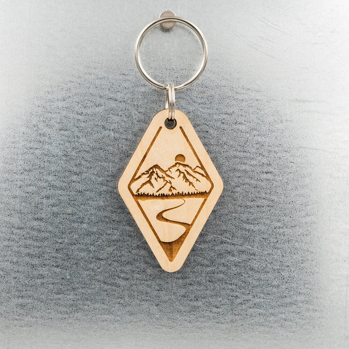 Mountains and Moon over River Wood Keychain
