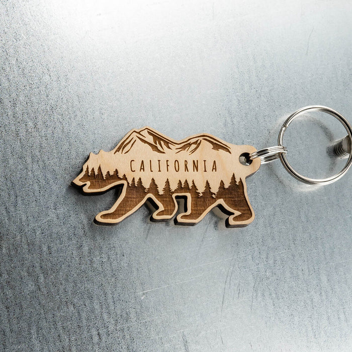 California Mountains and Forest Bear Wood Keychain