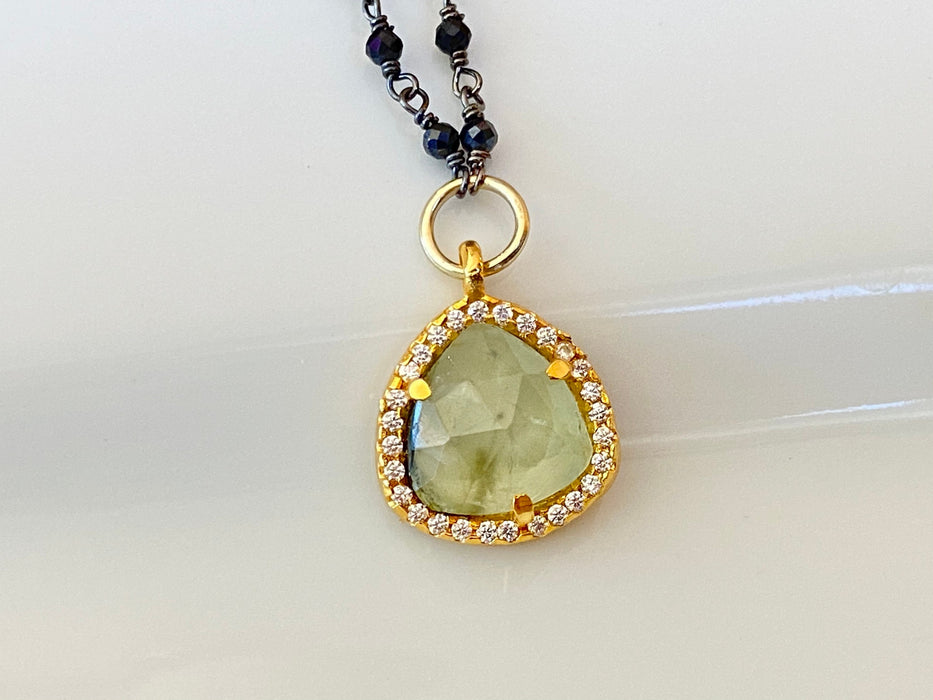 Anniversary gift/ Prehnite pendant / natural gemstone / Pyrite rosary chain/ womens necklace/pave pendant